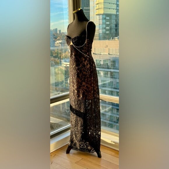 🆕 SELF-PORTRAIT 🧿 NWOT Crystal Trimmed Black Fine Lace Maxi Dress, Sz US4 UK8 - Picture 9 of 15